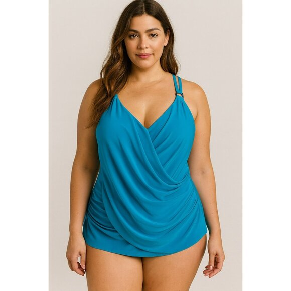 Miraclesuit Womens Plus Size 16 Aquamarine Draped Swimdress Top Adjustable Strap - Picture 1 of 9
